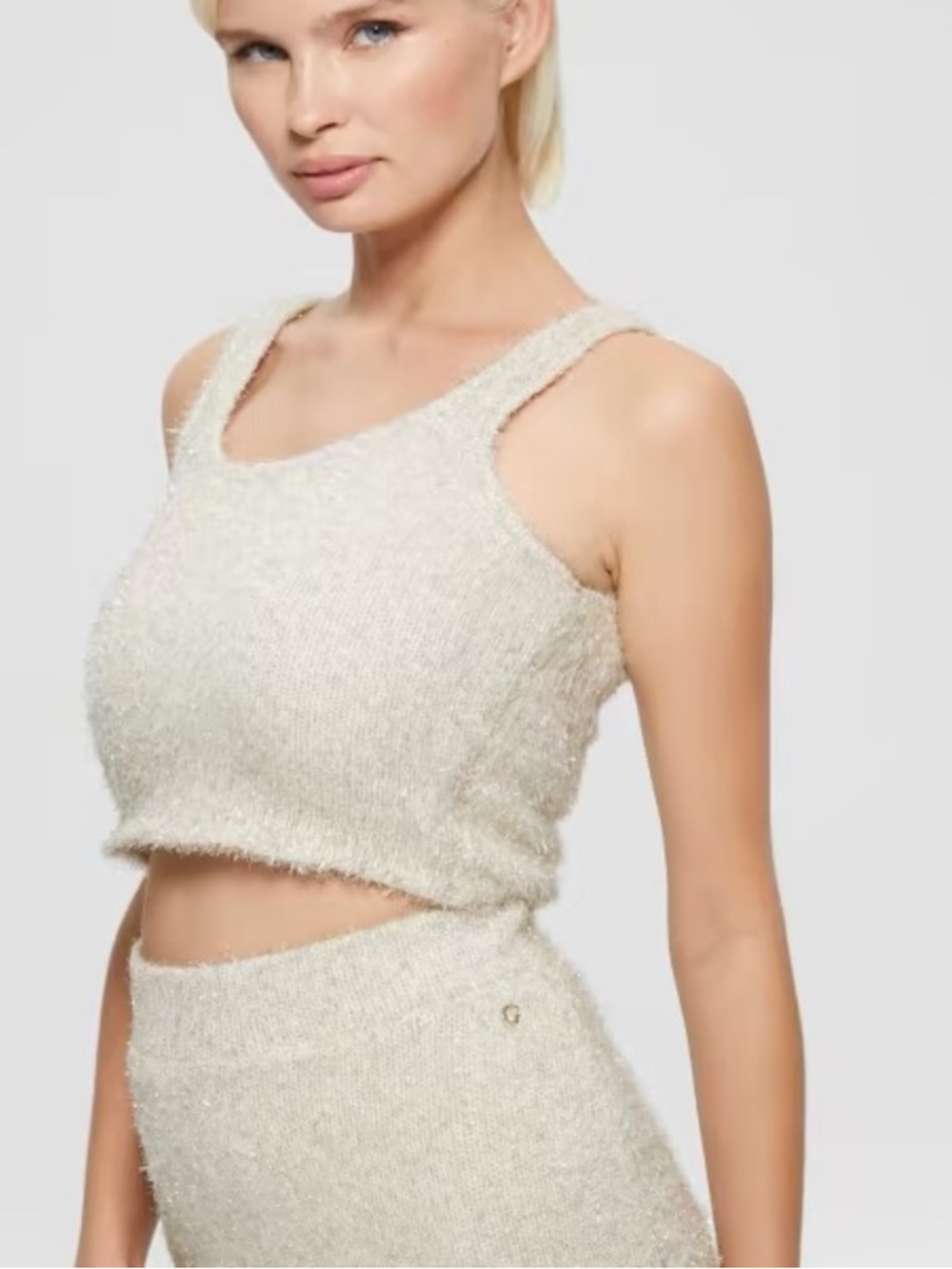 Guess Cream Fuzzy Knit Crop Tank